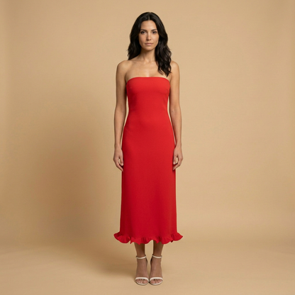 Vestido Midi Mujer Strapless Ajustado con Volante en Bajo