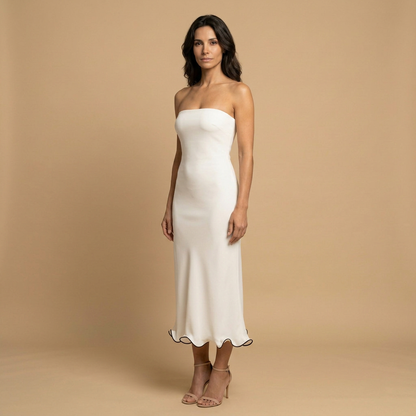 Vestido Midi Mujer Strapless Ajustado con Volante en Bajo