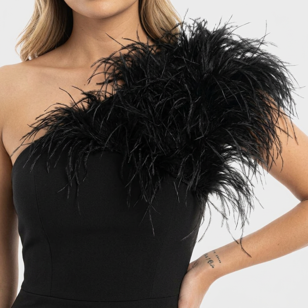Vestido Maxi Mujer con Plumas Ajuste Suelto
