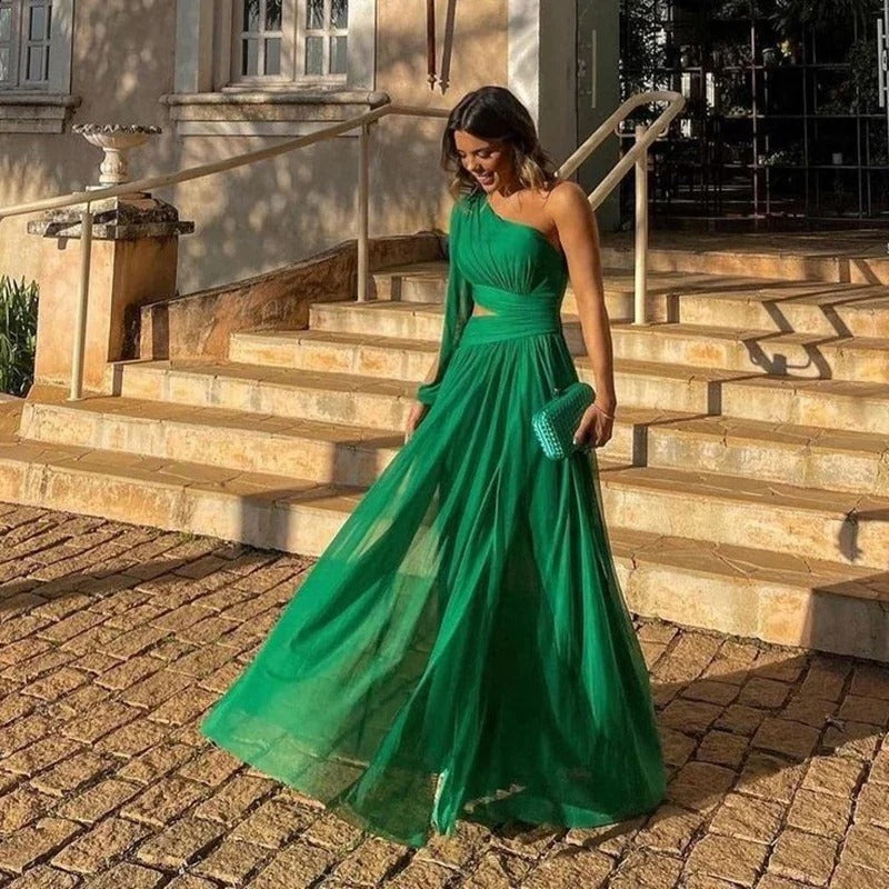 Vestido maxi mujer plisado hombro asimétrico - Mavetta