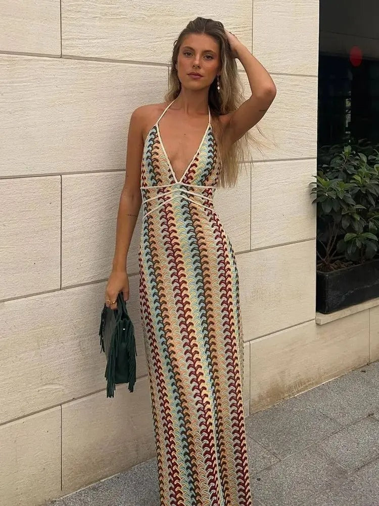 Vestido maxi mujer de ganchillo cuello halter estampado - Mavetta