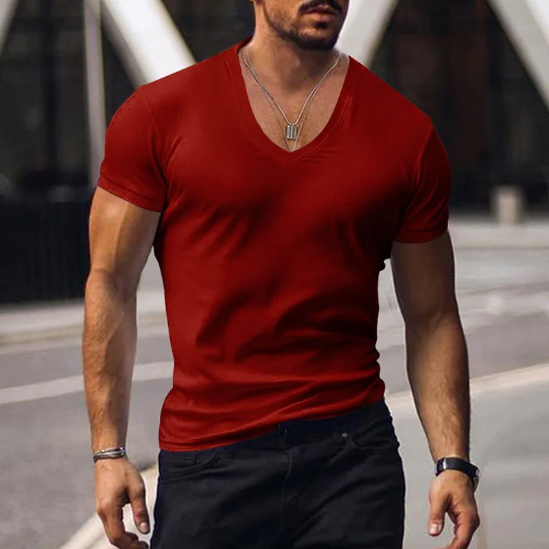 Camiseta Hombre Slim Fit Algodón Escote en V Profundo