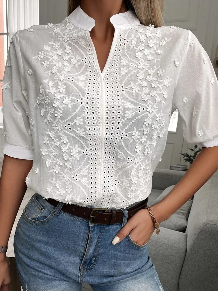 Mujer Bordado Cuello Alzado Escote en V