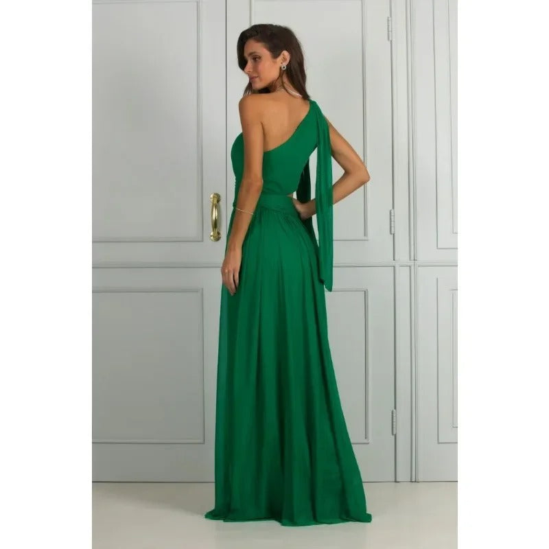 Vestido maxi mujer plisado hombro asimétrico