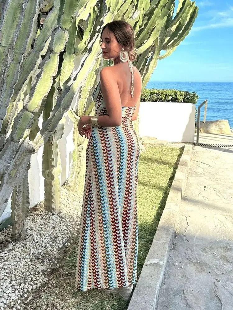 Vestido maxi mujer de ganchillo cuello halter estampado