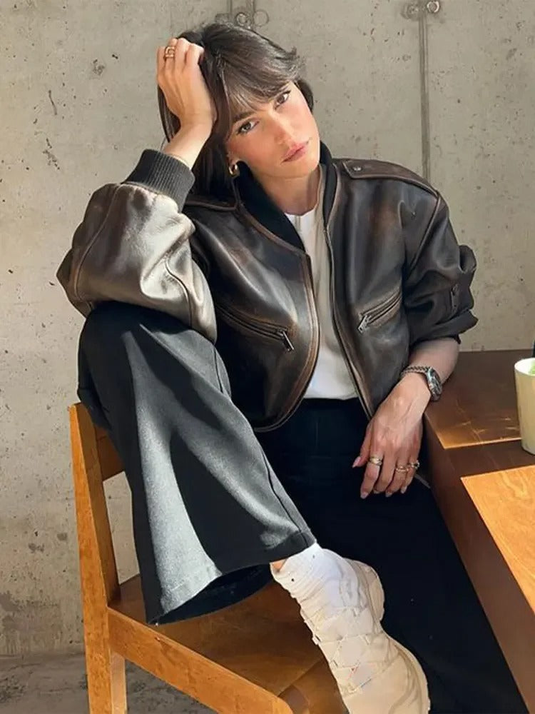 Chaqueta bomber mujer de cuero estilo vintage