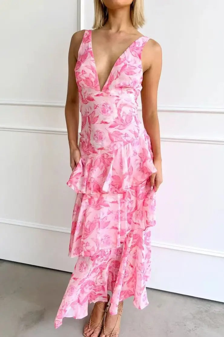 Vestido maxi mujer con volante y estampado floral