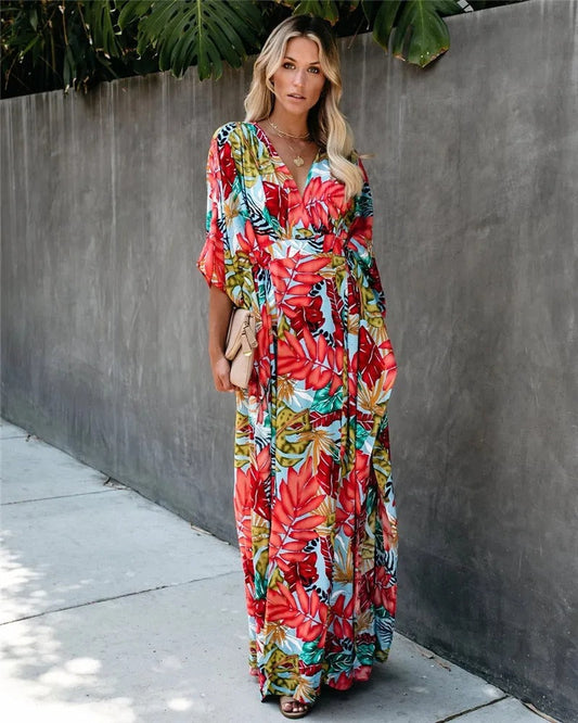 Vestido largo mujer de tejido ligero estilo bohemio cruzado - Mavetta