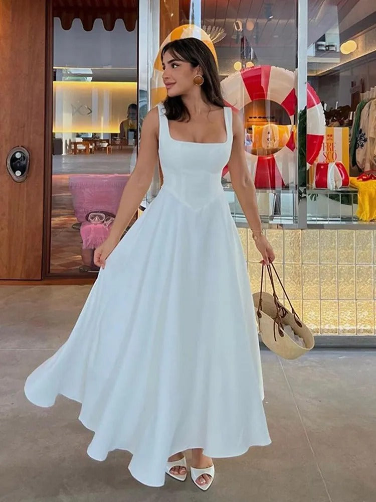 Vestido midi mujer sin mangas escote cuadrado