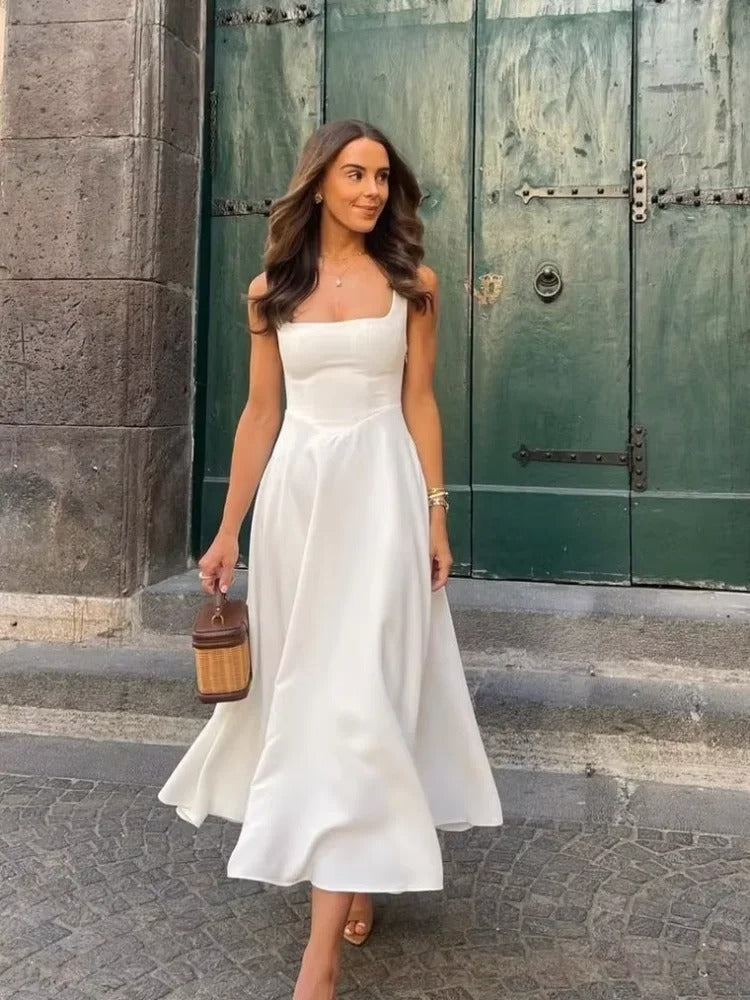 Vestido midi mujer sin mangas escote cuadrado