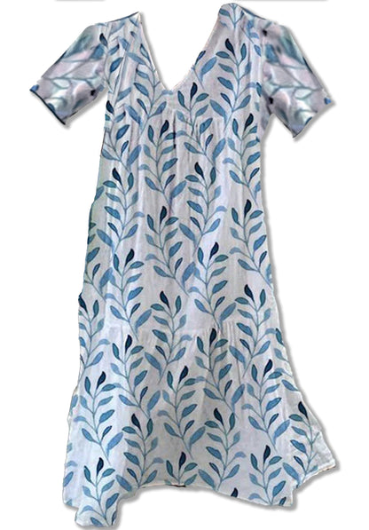 Vestido Midi Mujer Ligero Cuello en V Estampado Hojas