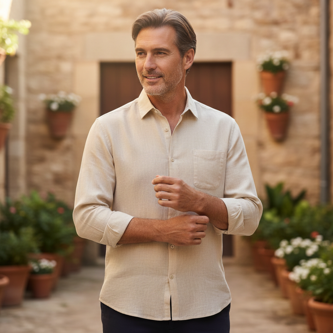 Camisa Hombre de Lino Manga Larga Bolsillo y Botones