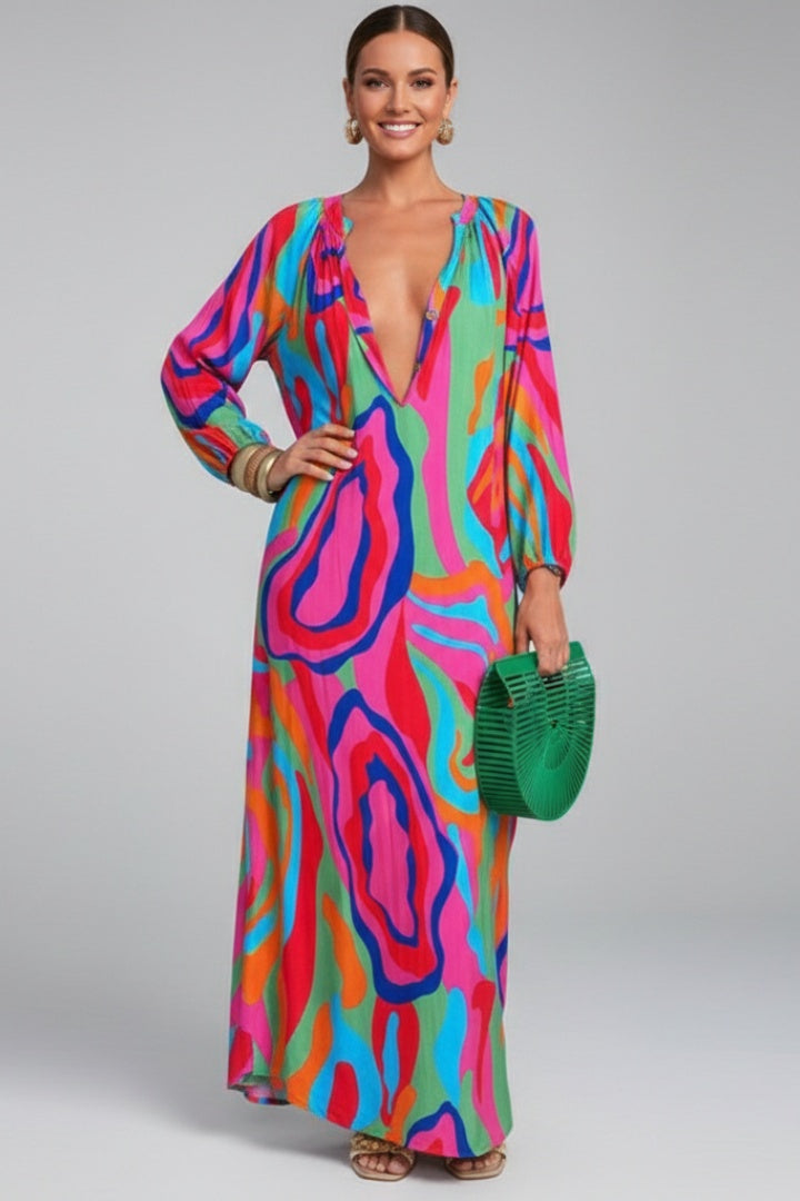 Vestido Largo Mujer Caftán Estampado Escote en V Manga Larga
