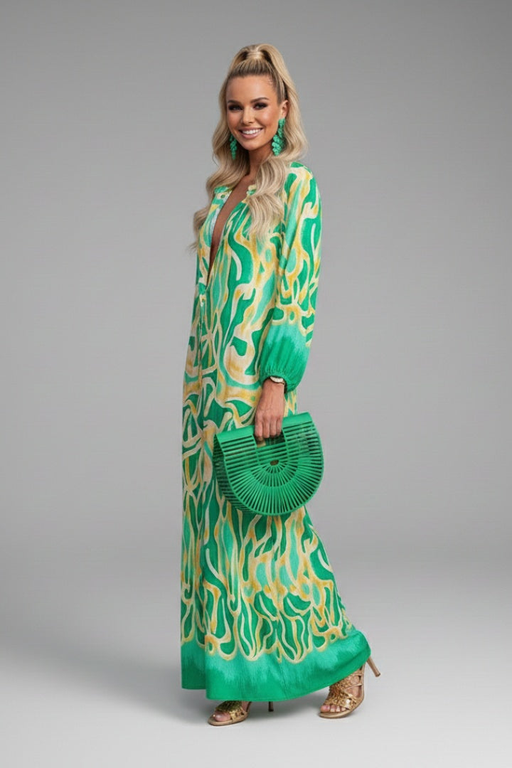 Vestido Largo Mujer Caftán Estampado Escote en V Manga Larga