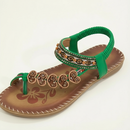 Sandalias Planas Mujer con Apliques Florales y Tiras Decorativas
