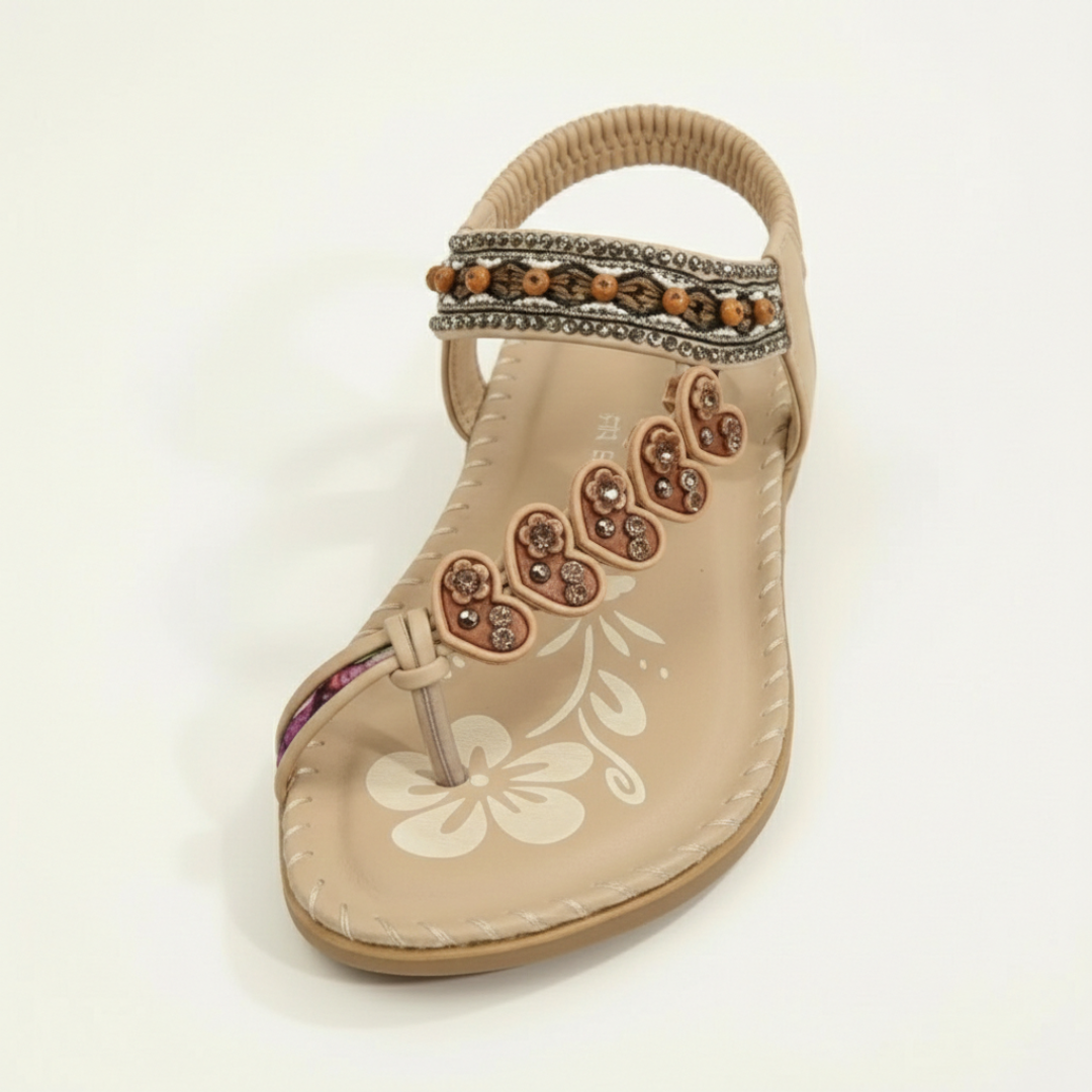 Sandalias Planas Mujer con Apliques Florales y Tiras Decorativas