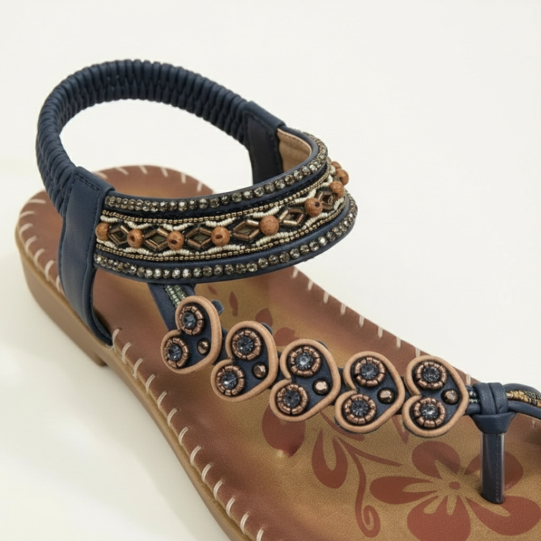 Sandalias Planas Mujer con Apliques Florales y Tiras Decorativas