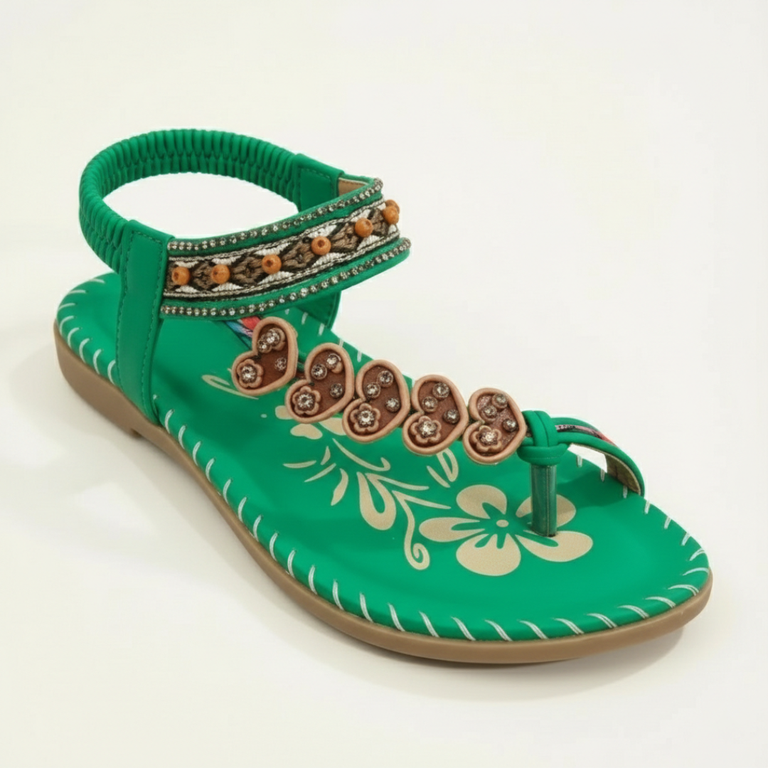 Sandalias Planas Mujer con Apliques Florales y Tiras Decorativas