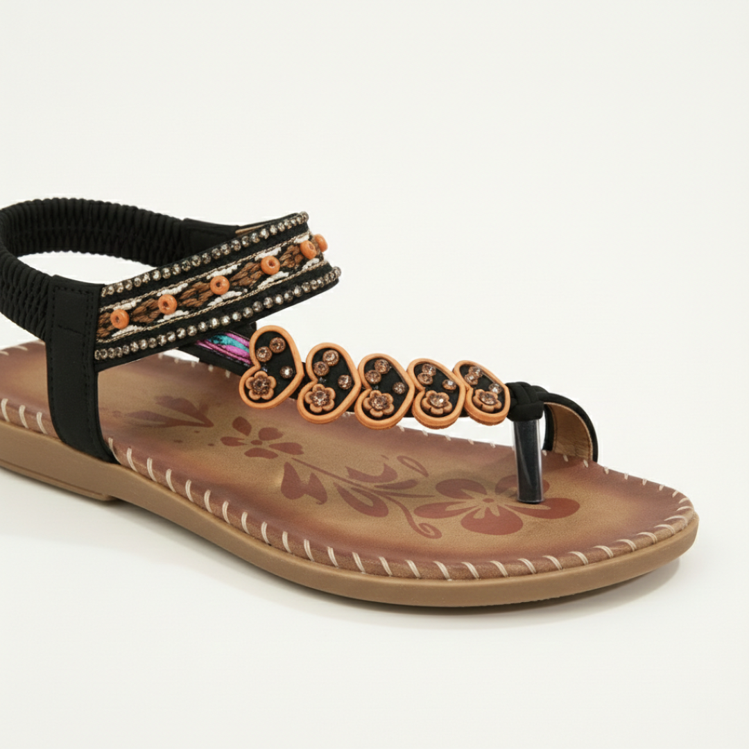 Sandalias Planas Mujer con Apliques Florales y Tiras Decorativas