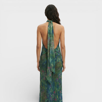Vestido Largo Mujer Halter Espalda Descubierta Estampado