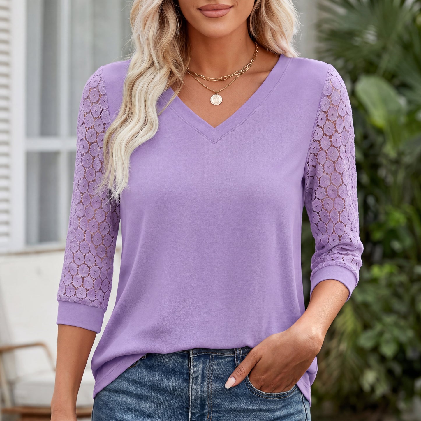 Blusa Mujer Escote en V Manga Calada