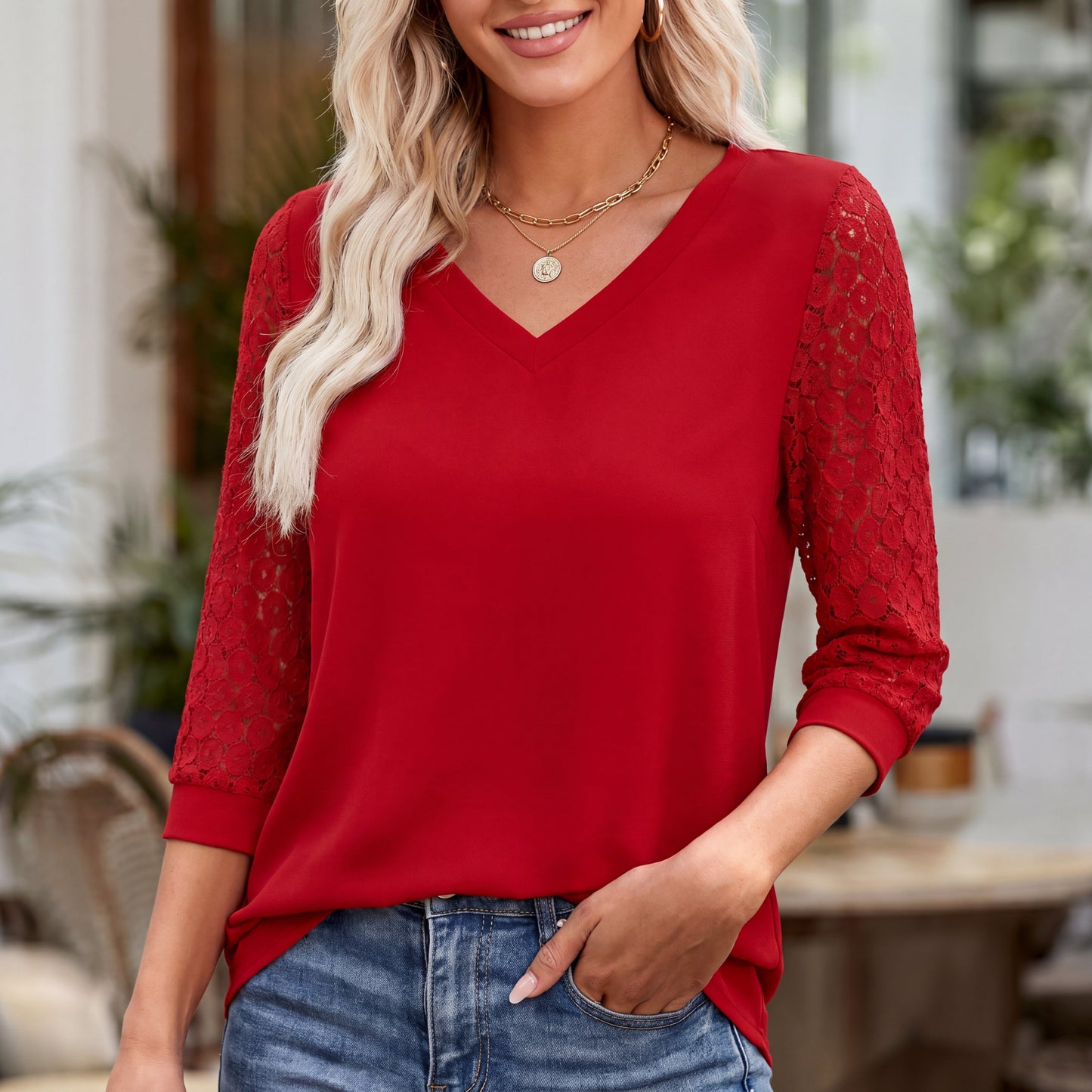 Blusa Mujer Escote en V Manga Calada