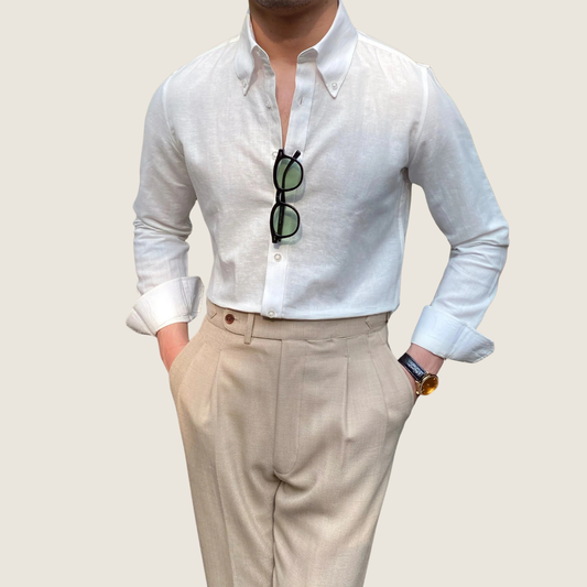 Camisa Hombre de Lino Manga Larga Cuello Abotonado - Mavetta