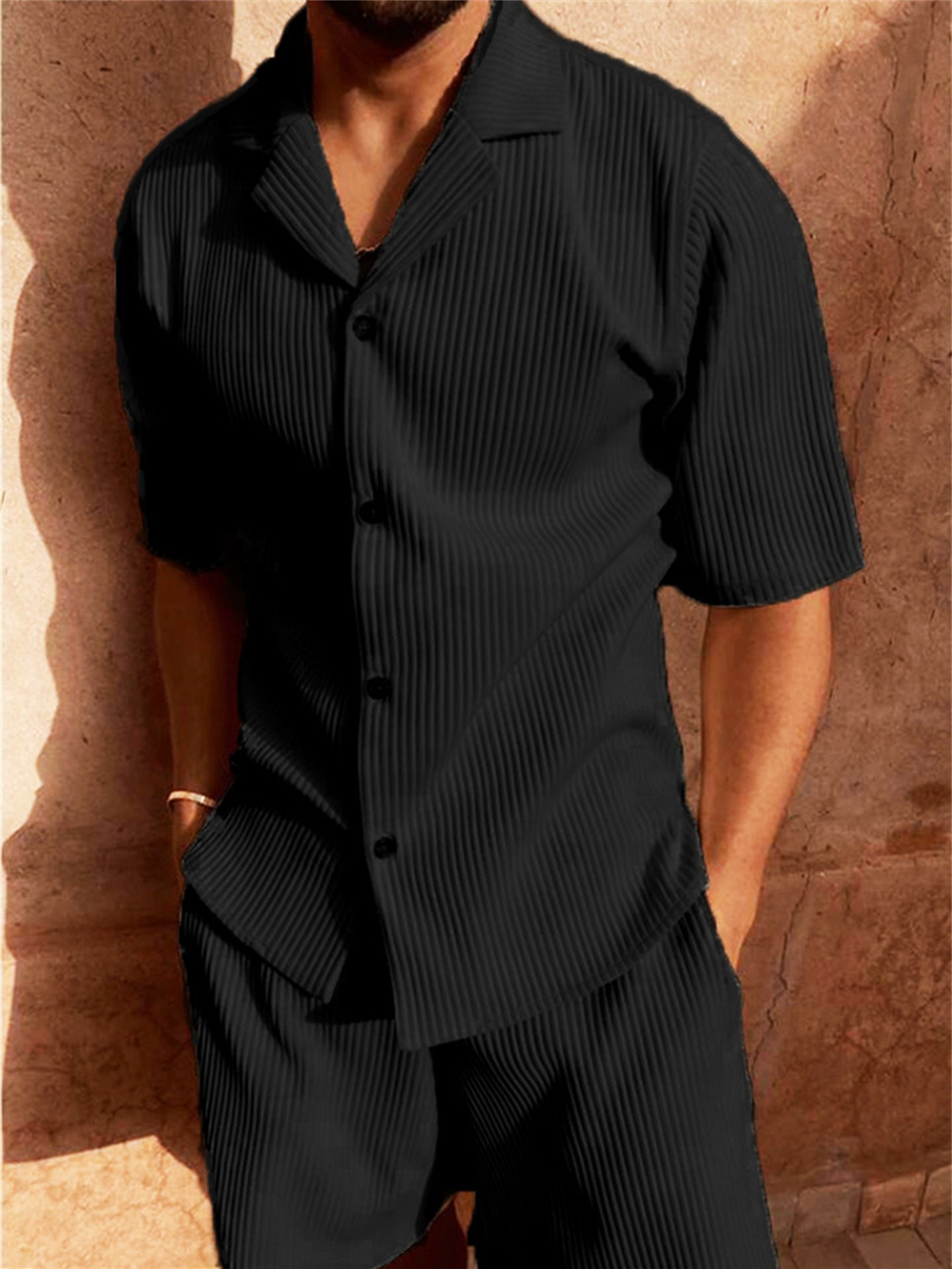 Conjunto Hombre Camisa Texturizada Manga Larga y Pantalón Corto Casual