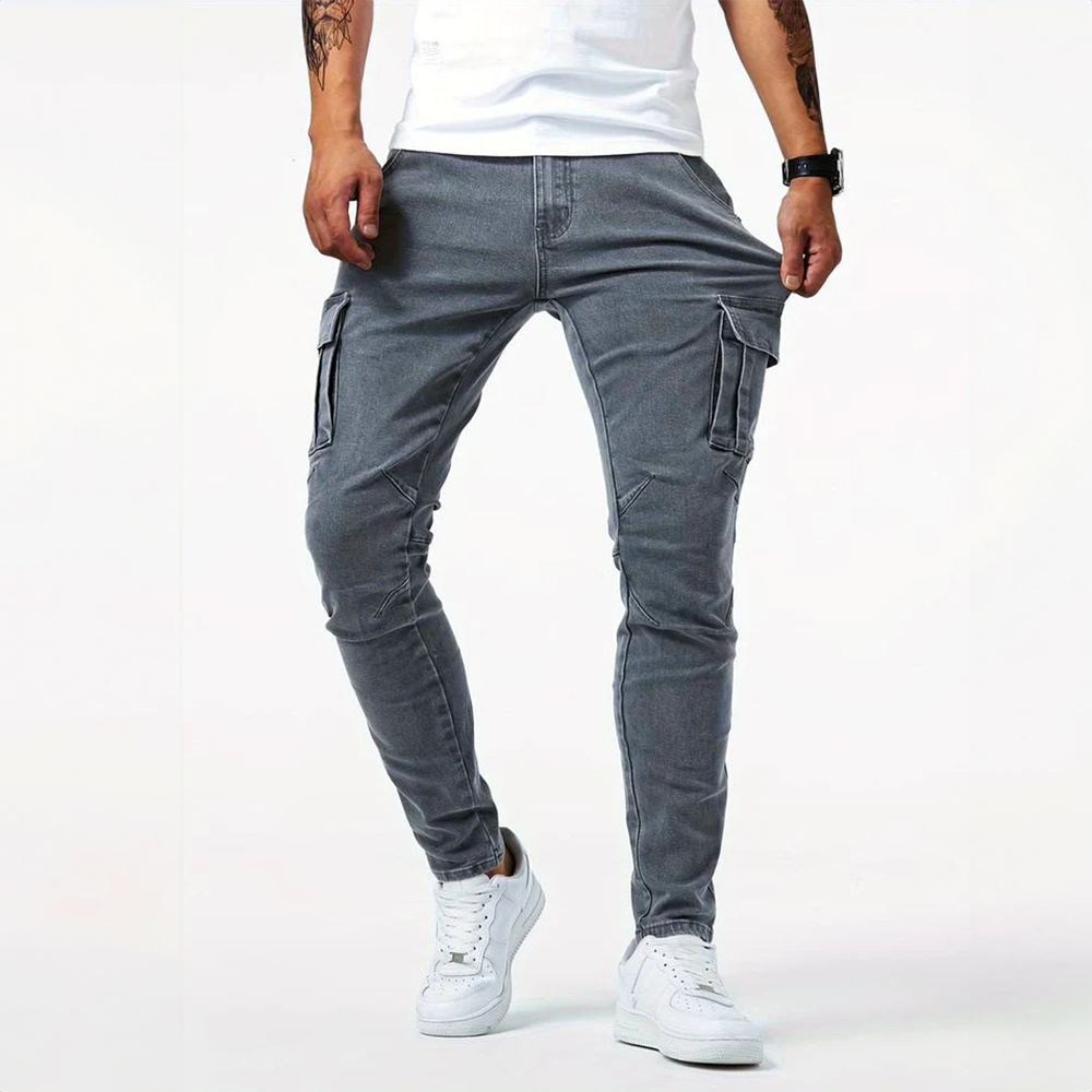 Pantalón Cargo Hombre Algodón Ajustado con Bolsillos Utilitarios