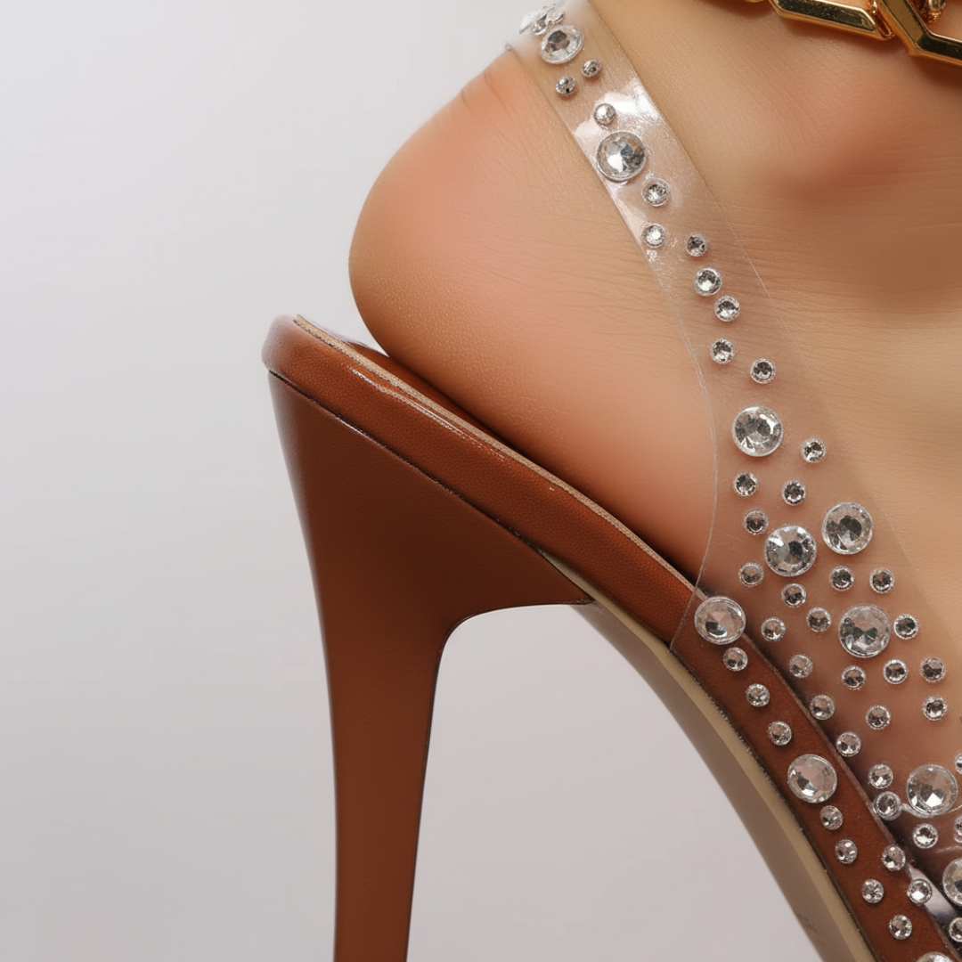Sandalias Mujer con Tira Transparente y Strass Tacón Alto