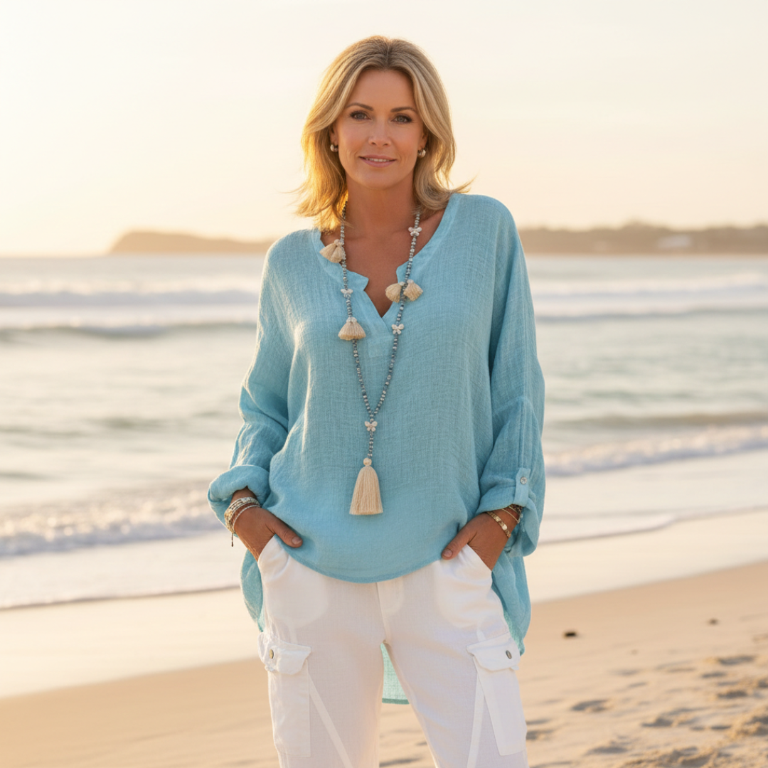 Camisa Mujer de Lino Botones Corte Largo