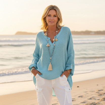 Camisa Mujer de Lino Botones Corte Largo