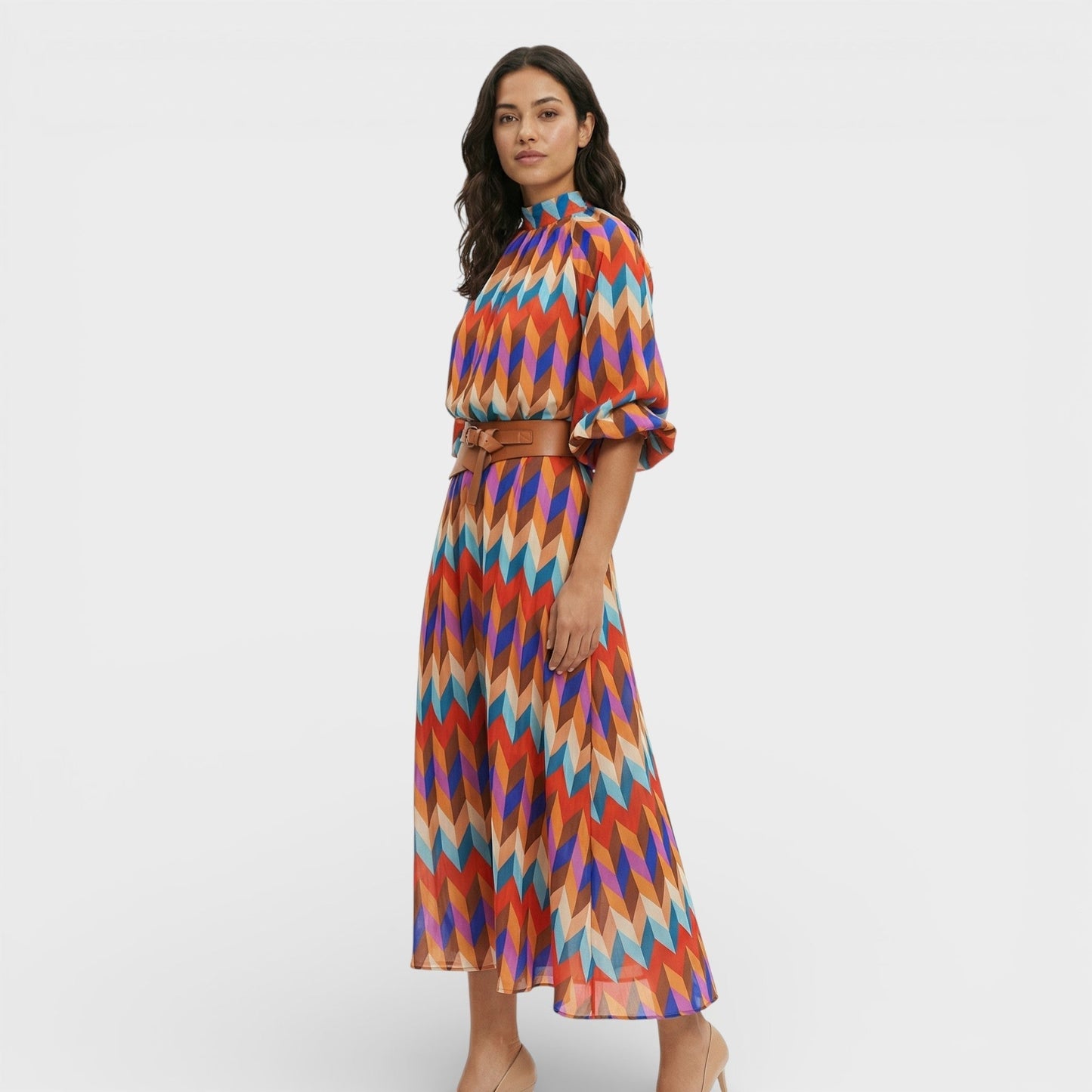 Vestido Midi Mujer con Cinturón Estampado Geométrico - Mavetta