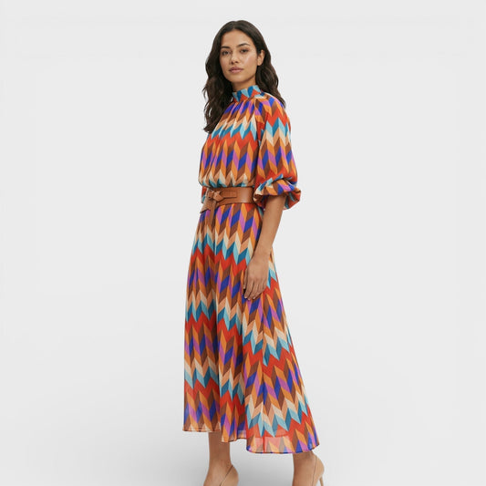 Vestido Midi Mujer con Cinturón Estampado Geométrico - Mavetta
