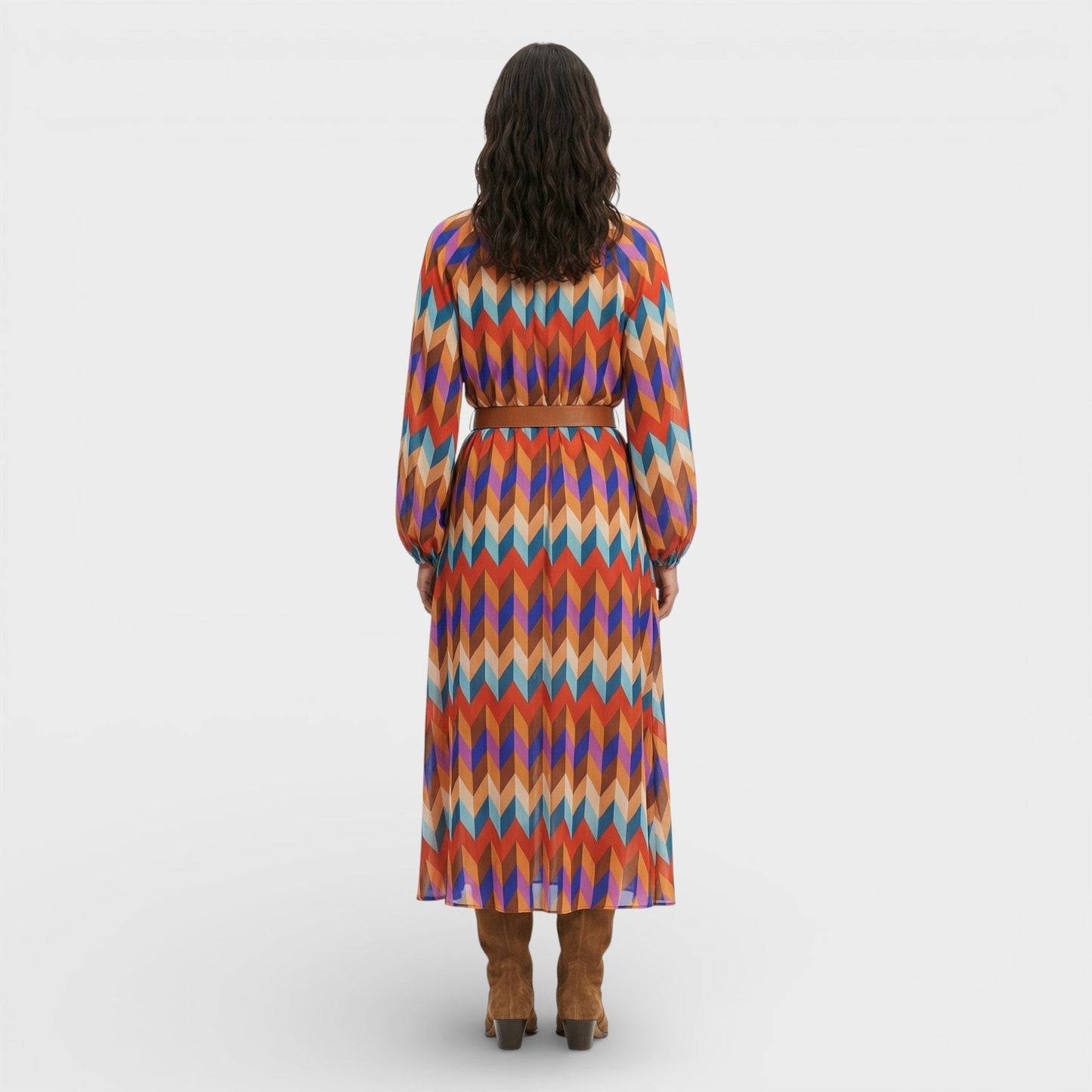 Vestido Midi Mujer con Cinturón Estampado Geométrico
