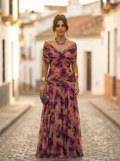 Vestido largo mujer fruncido cuello en V elegante