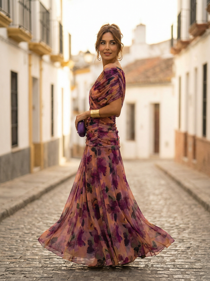 Vestido largo mujer fruncido cuello en V elegante