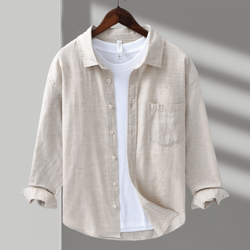 Camisa Hombre Algodón y Lino Manga Larga Cuello Solapa