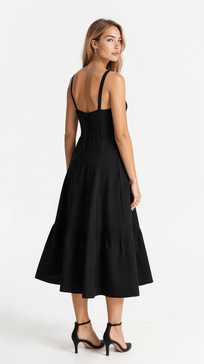Vestido midi mujer con diseño corsé y falda fluida
