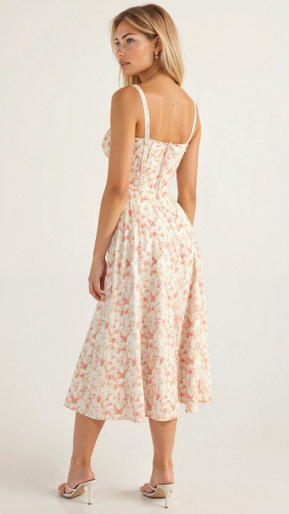 Vestido midi mujer con diseño corsé y falda fluida