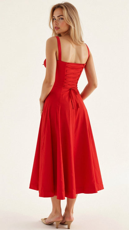 Vestido midi mujer con diseño corsé y falda fluida