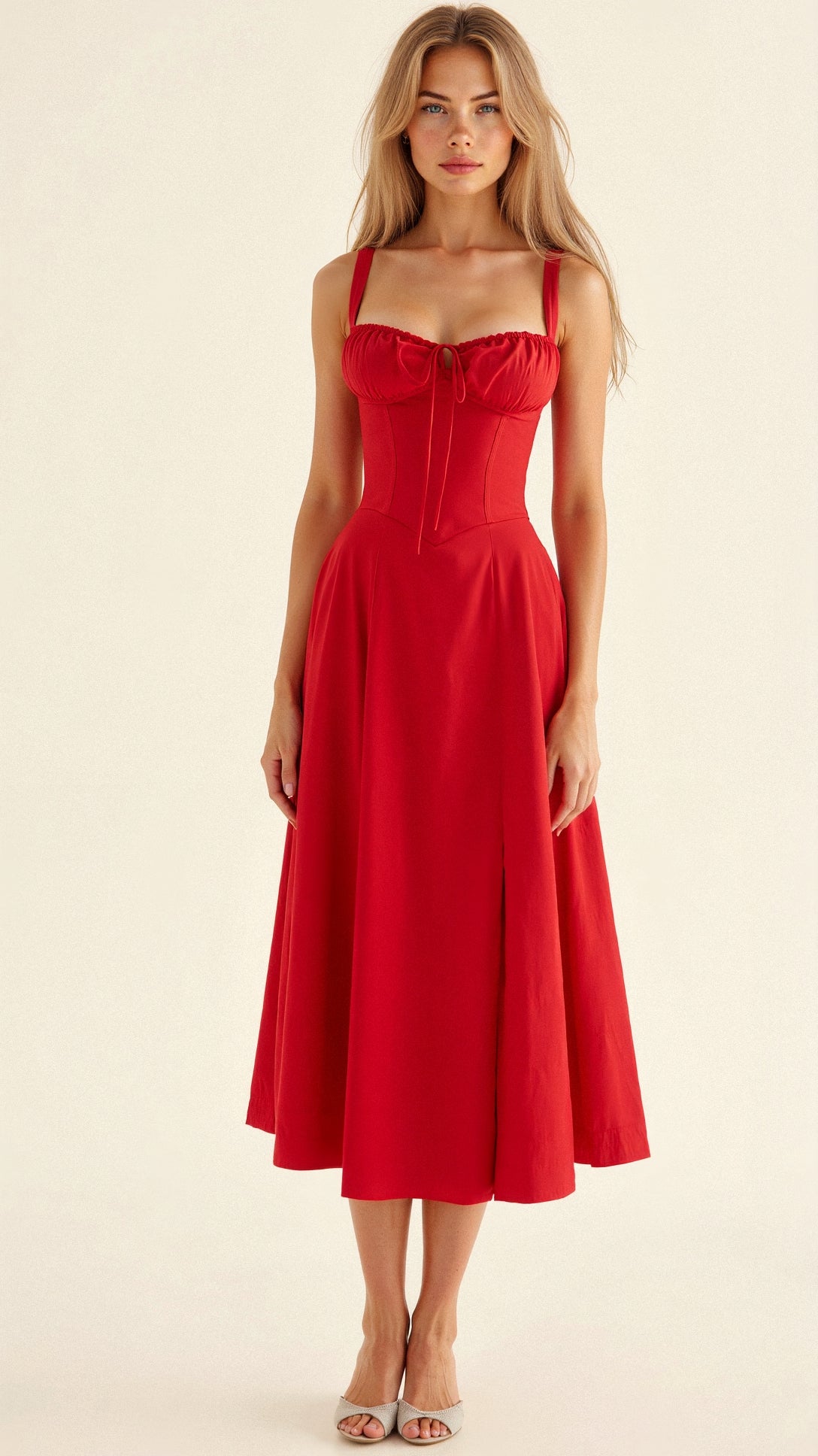Vestido midi mujer con diseño corsé y falda fluida