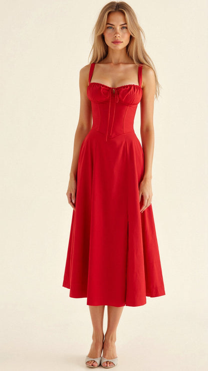 Vestido midi mujer con diseño corsé y falda fluida