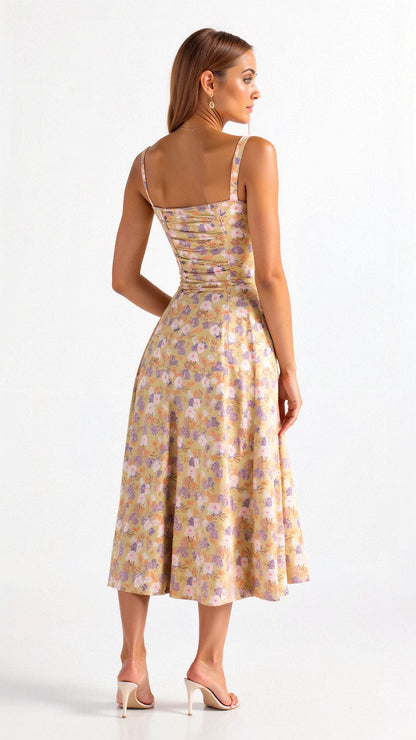 Vestido midi mujer con diseño corsé y falda fluida