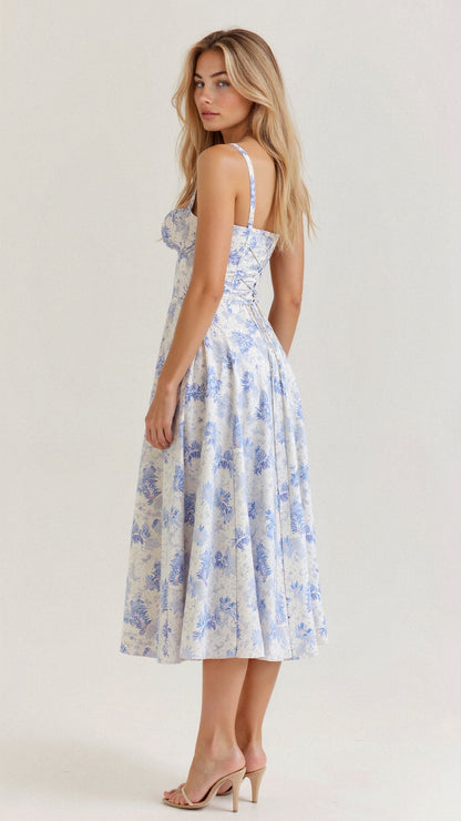 Vestido midi mujer con diseño corsé y falda fluida