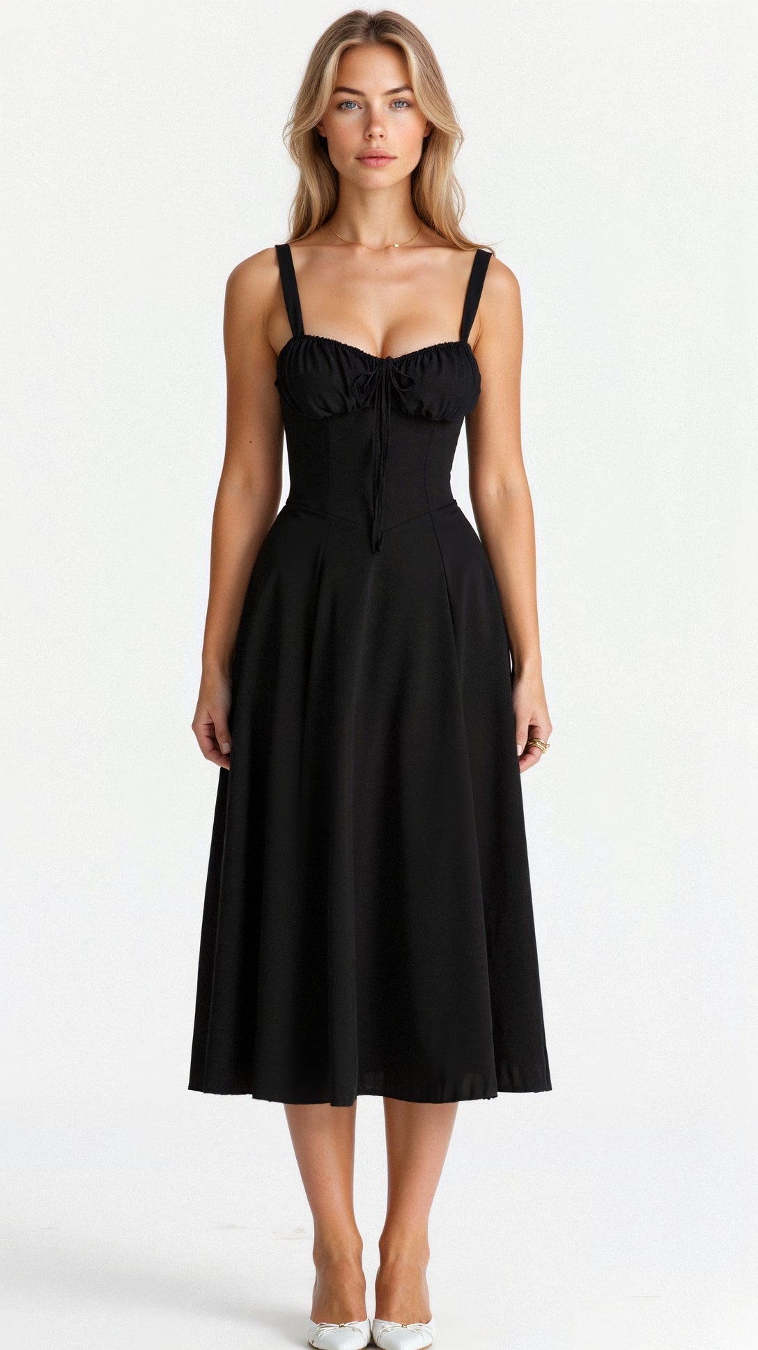 Vestido midi mujer con diseño corsé y falda fluida