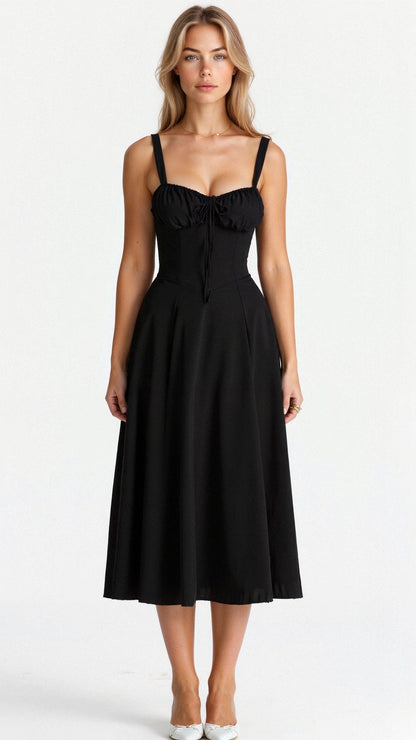Vestido midi mujer con diseño corsé y falda fluida