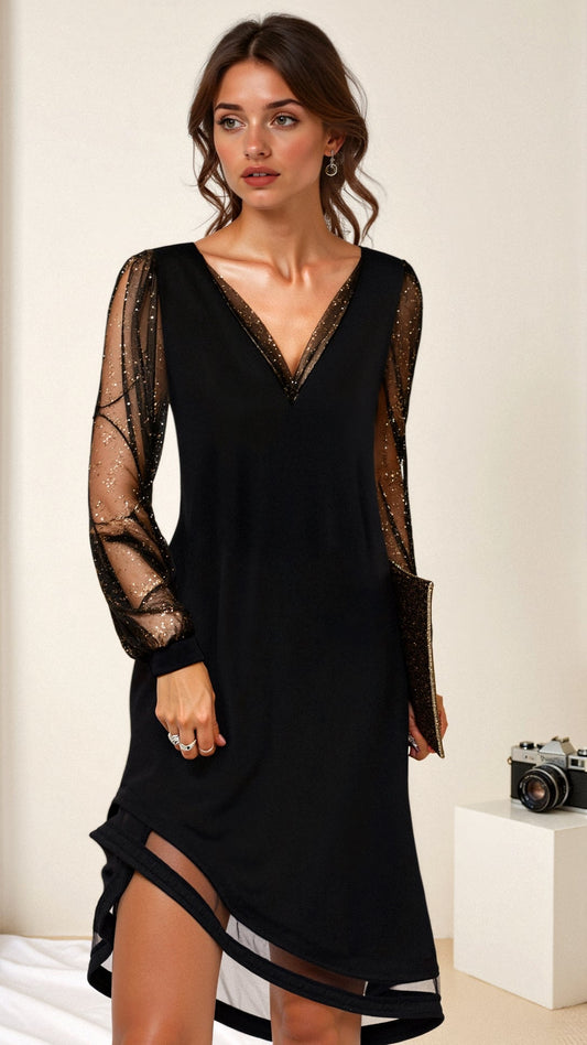 Vestido Mujer Elegante Escote en V Manga Larga Transparente - Mavetta