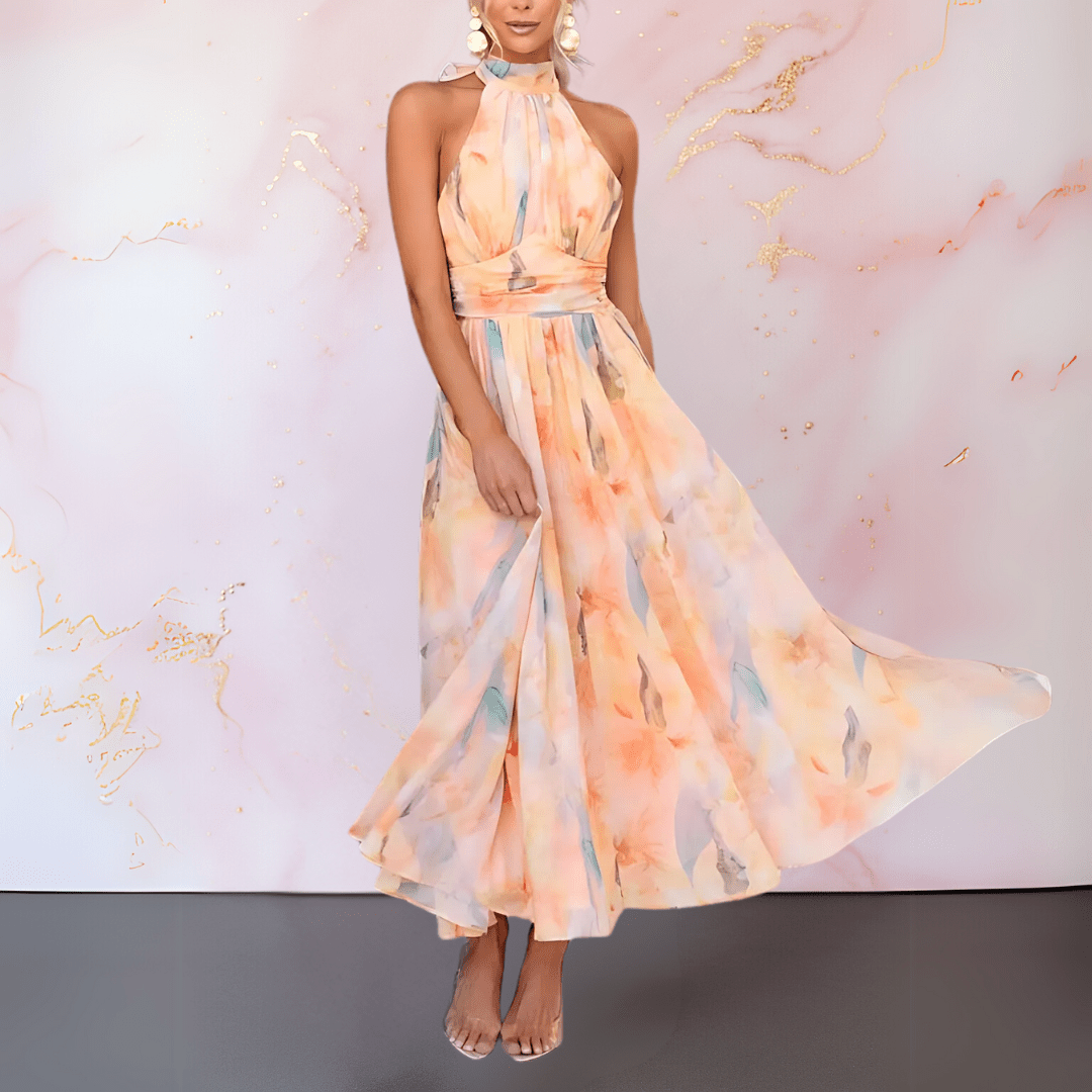 Vestido Mujer Estampado Acuarela Cuello Halter Entallado