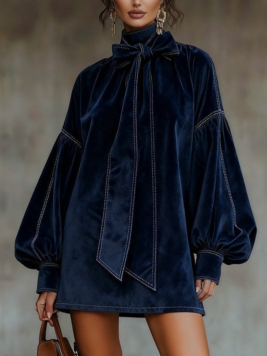 Vestido Mini Mujer de Terciopelo con Lazo y Mangas Abullonadas - Mavetta